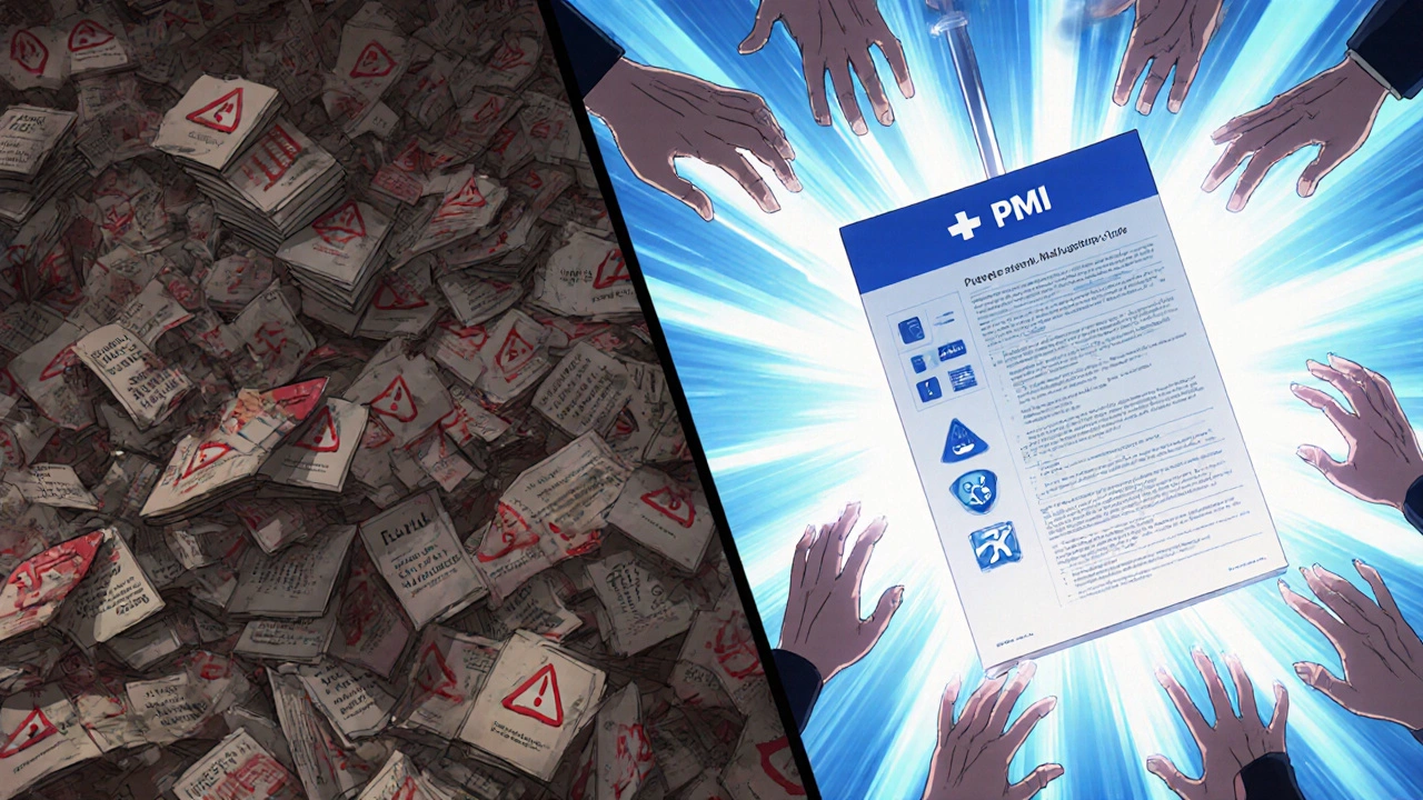 Chaotic old medication guides vs. a single clean PMI document glowing with clarity and order.