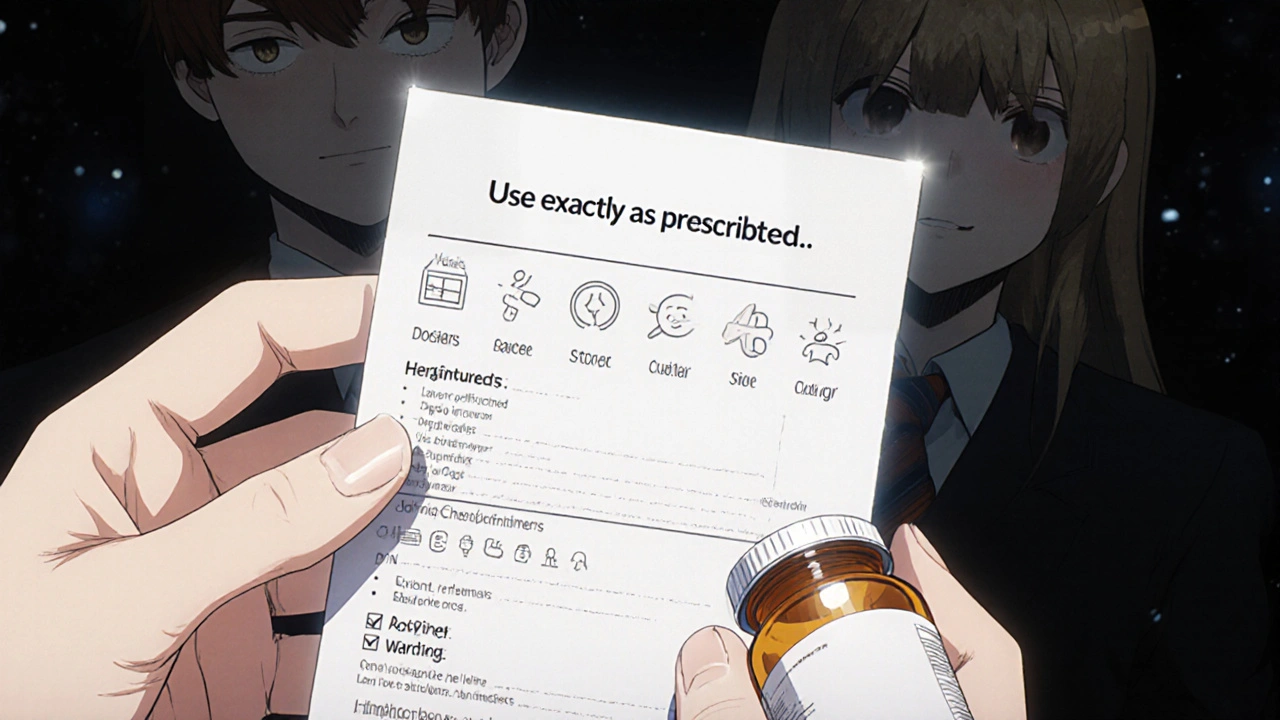 Close-up of a single Patient Medication Information sheet with icons for dosage, storage, and side effects.