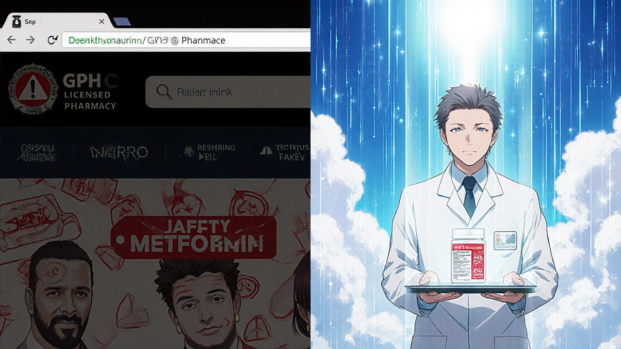 Contrasting dark scam pharmacy website versus bright, verified pharmacy with licensed pharmacist and GPhC badge.