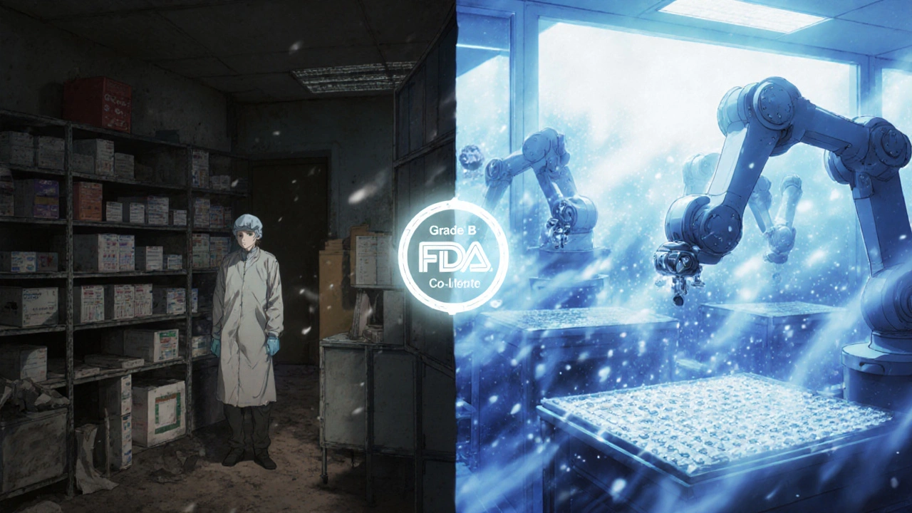 Contrasting scene: a dusty packaging room vs. a radiant cleanroom with robotic arms assembling sterile drugs.