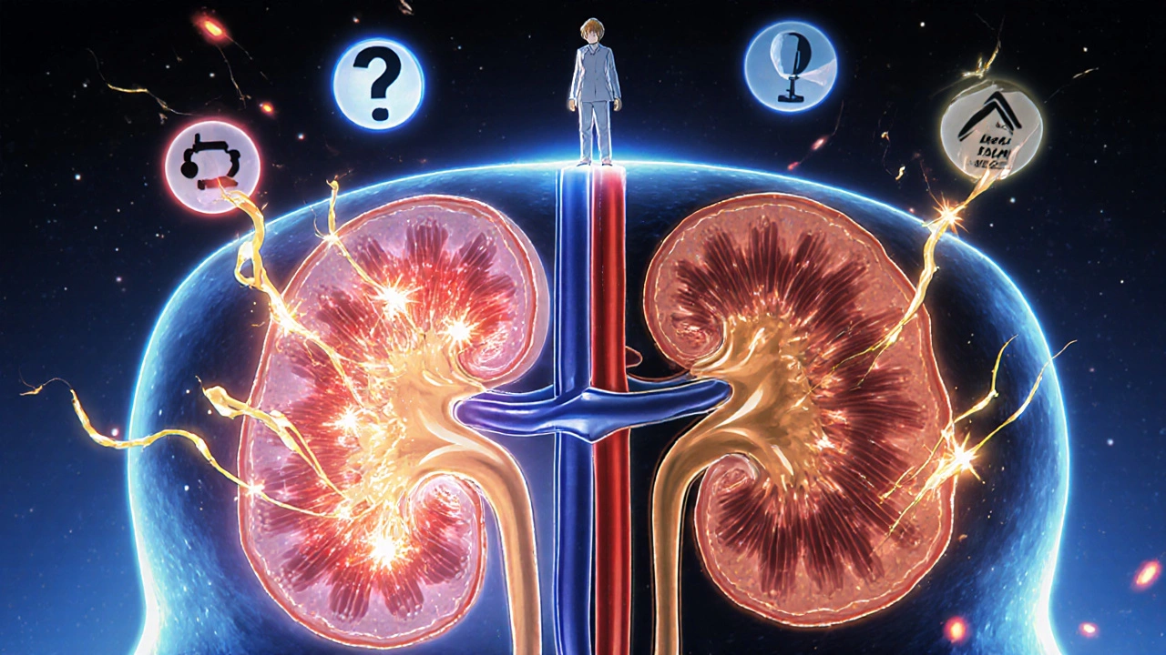 Cross-section of kidneys showing glucose and fluid being excreted due to SGLT2 inhibitor action, with glowing trails.