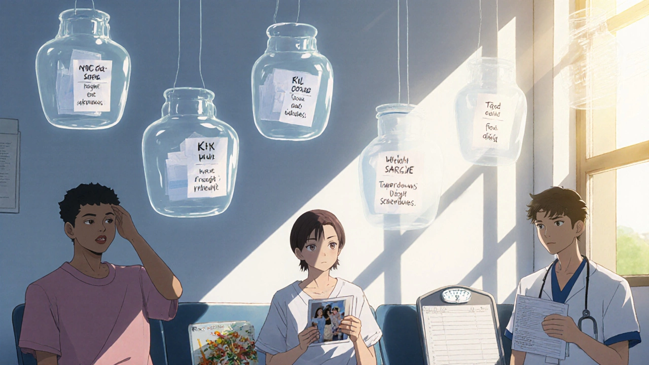 Diverse patients in a clinic, each showing signs of SSRI side effects, with ghostly drug icons floating above them.