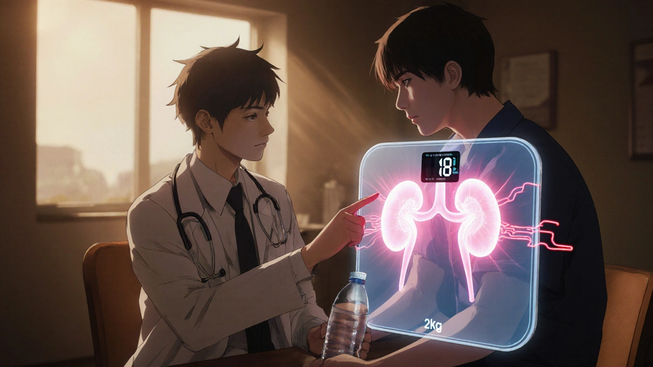 Doctor and patient reviewing blood pressure and weight changes, with health benefits and risks visually represented.