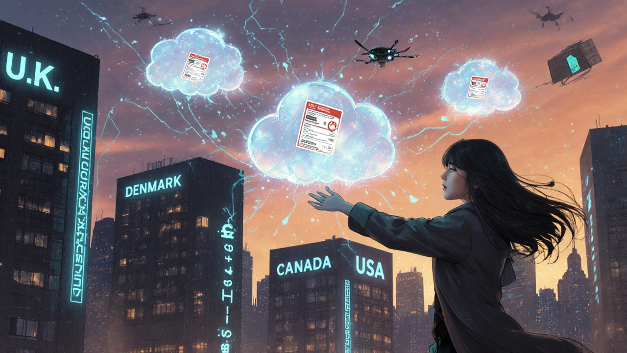 Floating digital price clouds above a city skyline, a woman reaching for the lowest-priced medication cloud.