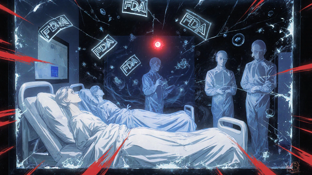 Ghostly patients surrounded by fungal spores, symbolizing a cleanroom failure that led to a deadly outbreak.