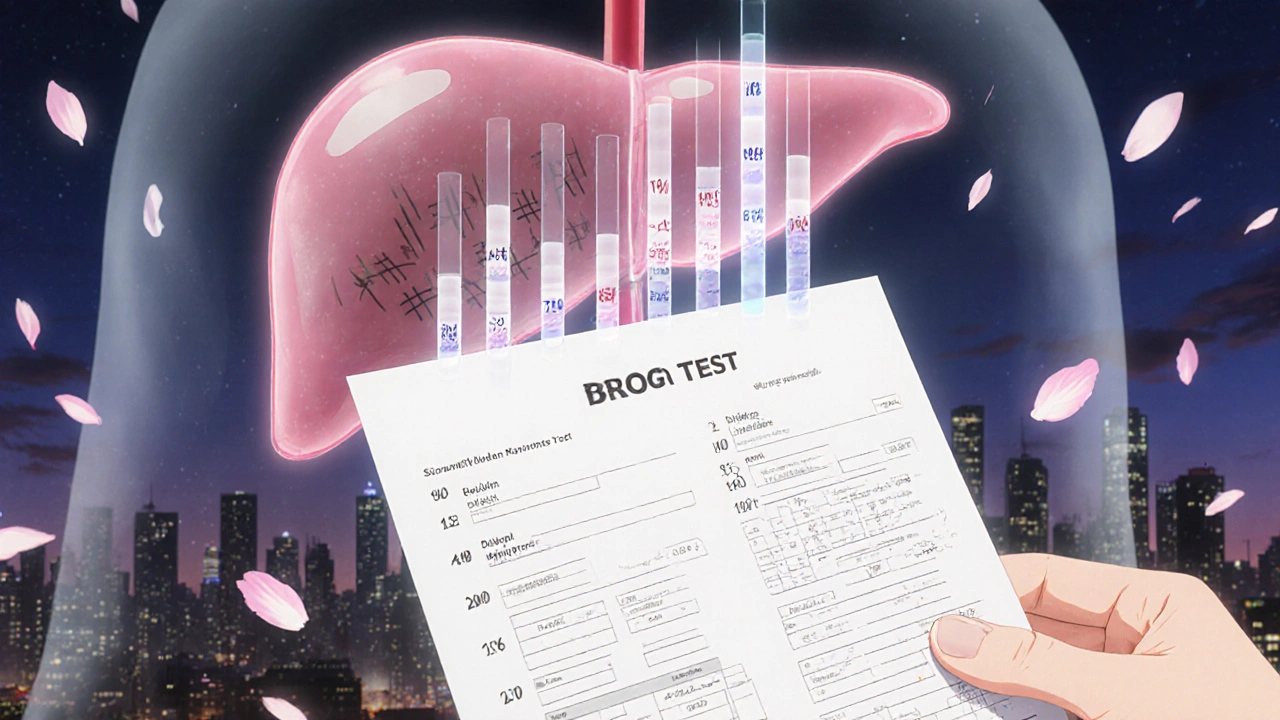 Hand holding blood report with holographic liver metrics and fading cherry blossoms