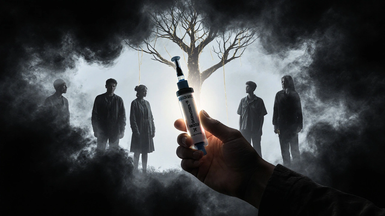 Hand holding naloxone as dark smoke swirls, with silhouetted patients connected to a tree of recovery.