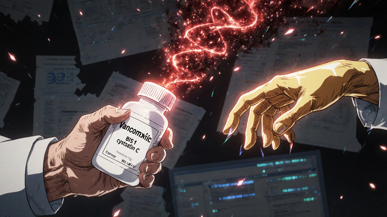 Hand holding pill bottle as toxic energy is dissolved by golden light representing accurate kidney test.