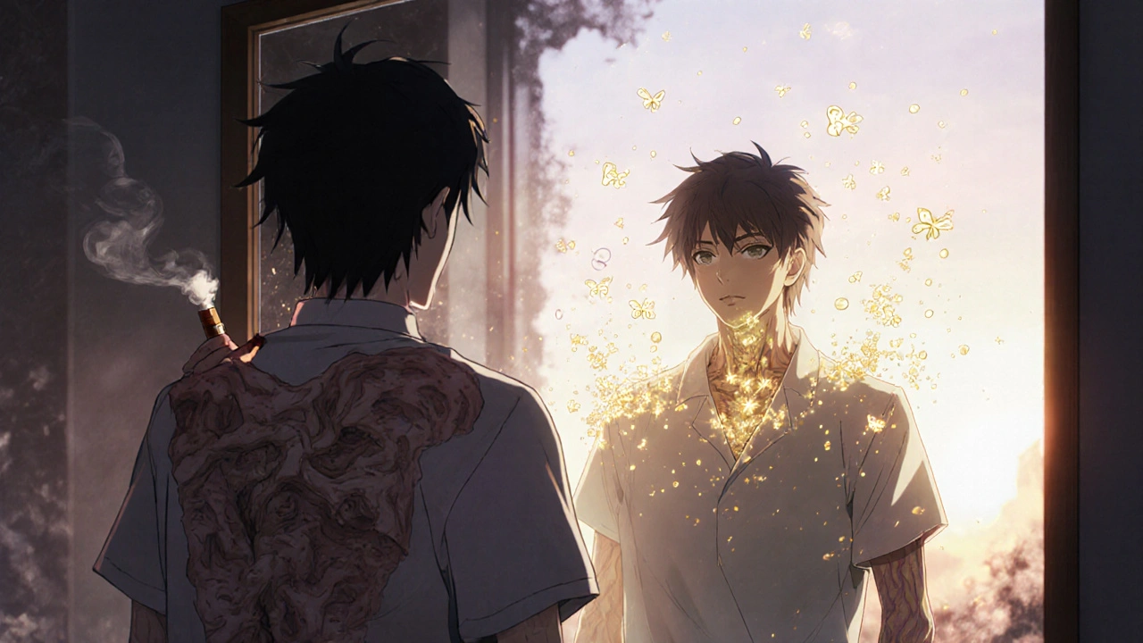 Patient's reflection showing transformed skin as biologic light heals them, with fading symbols of triggers behind.