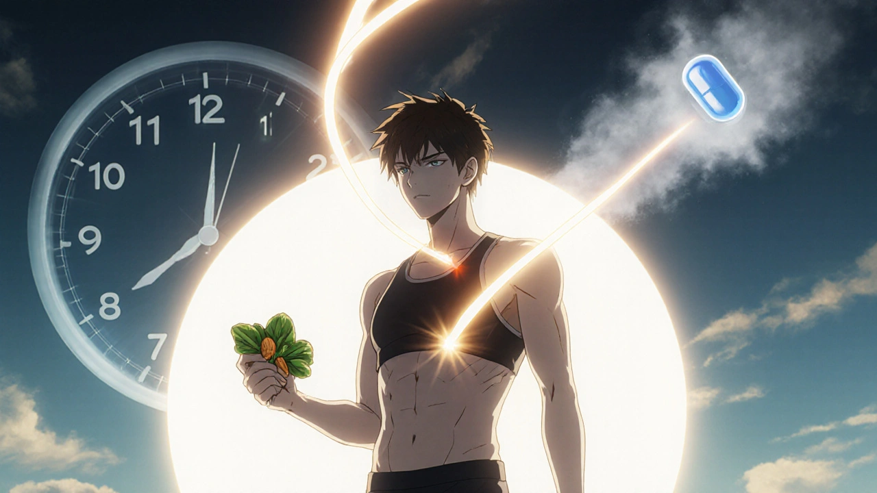 Person standing in morning sunlight holding magnesium-rich food, with a radiant circadian rhythm trail rising from their body.