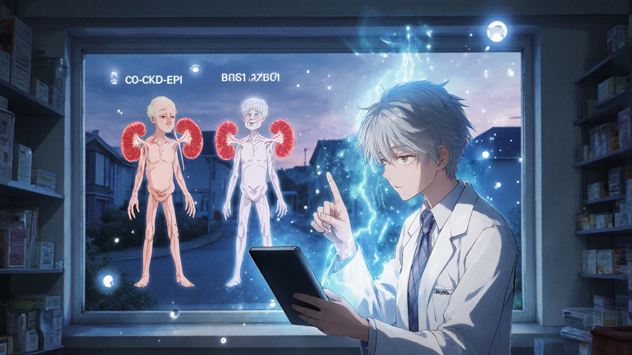 Pharmacist comparing kidney function formulas on tablet with cystatin C particles rising.
