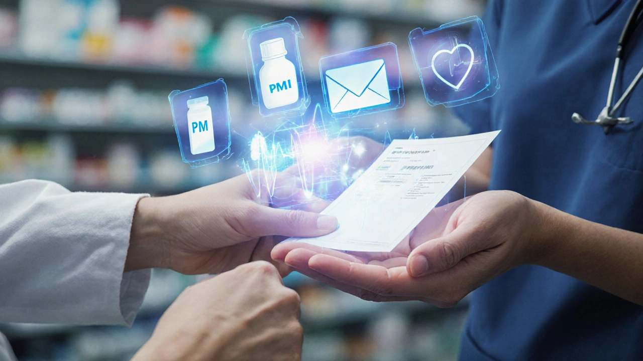 Pharmacist handing a patient a PMI sheet while digital versions float nearby in a modern pharmacy.