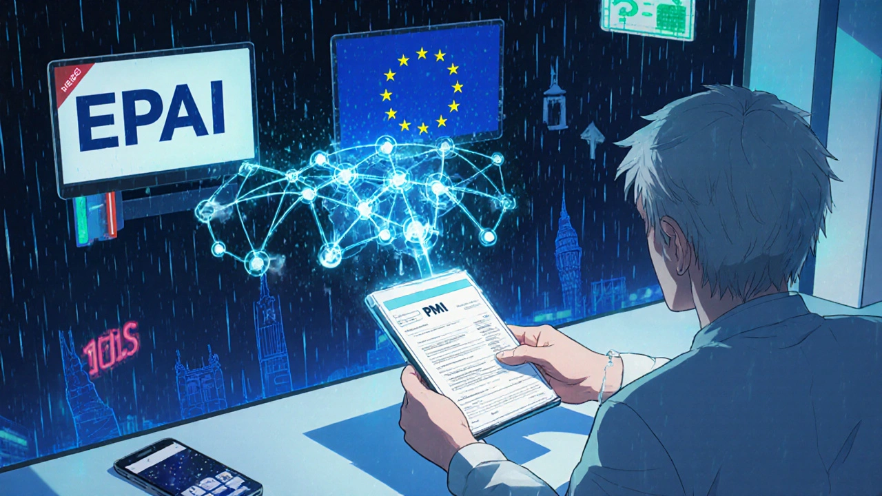 Pharmacist handing a PMI sheet while a hologram projects above a phone, with global connections in the background.