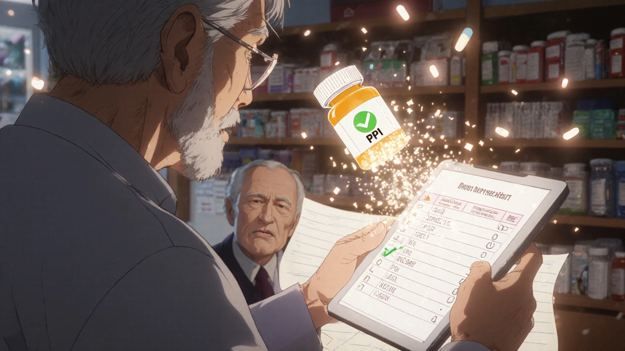 Pharmacist reviewing medication list with elderly patient, glowing drug icons dissolving into green checkmarks.