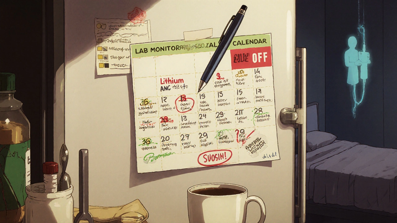 Printed lab calendar on a fridge with color-coded test dates and a pen hovering above the next appointment.