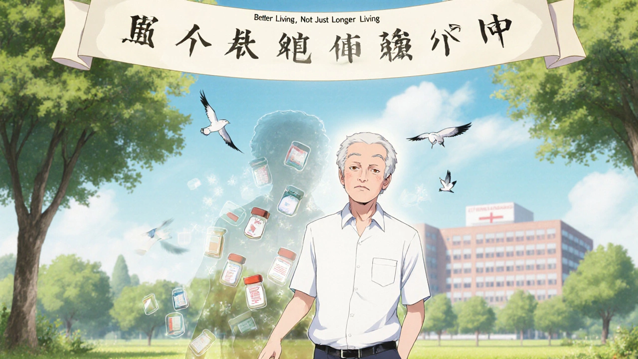 Senior walking in park, no pills, fading medication icons in shadow, feeling renewed and free.