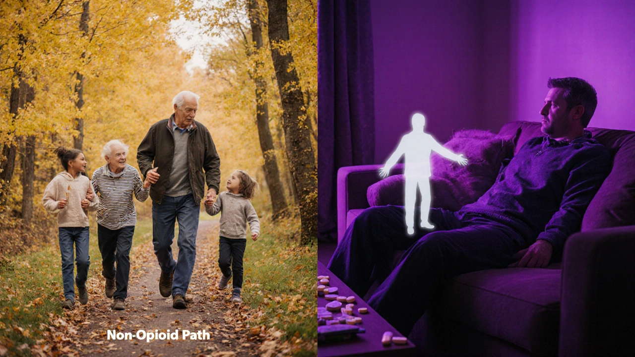 Split scene: active senior hiking vs. same man isolated with pills, showing contrasting outcomes.