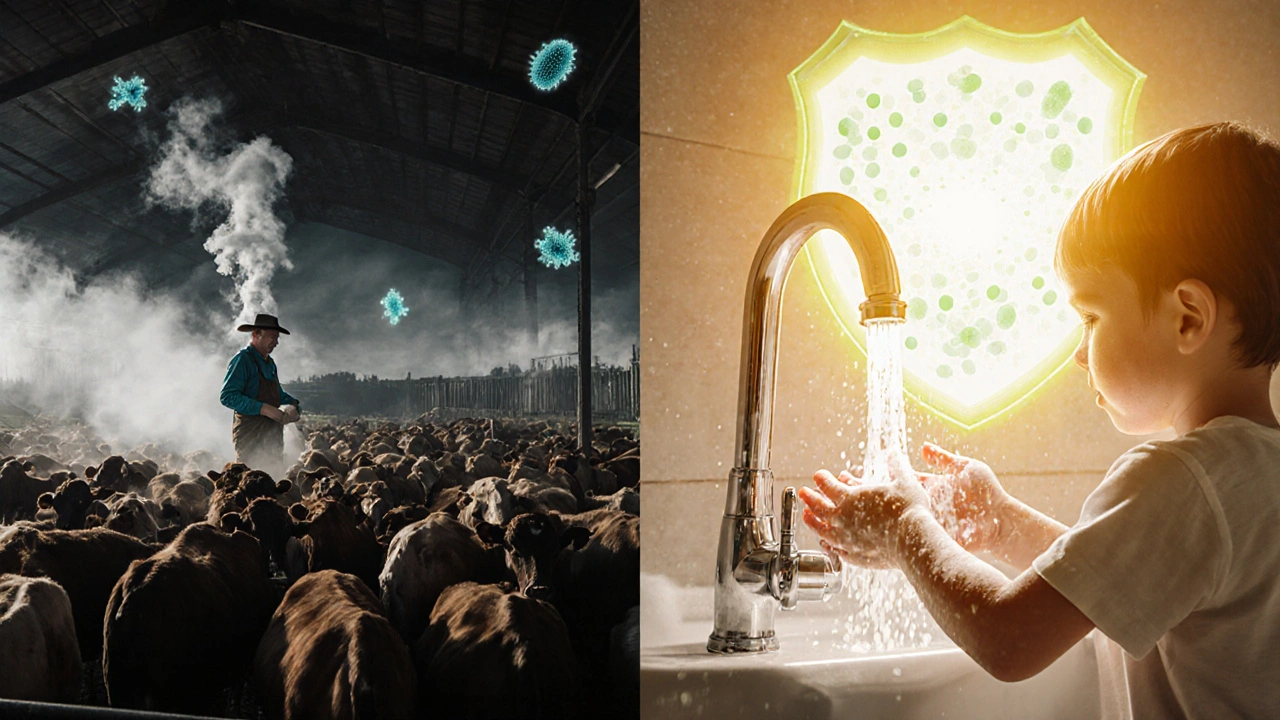 Split scene: antibiotic use on a farm vs. handwashing preventing infection, symbolizing cause and solution.