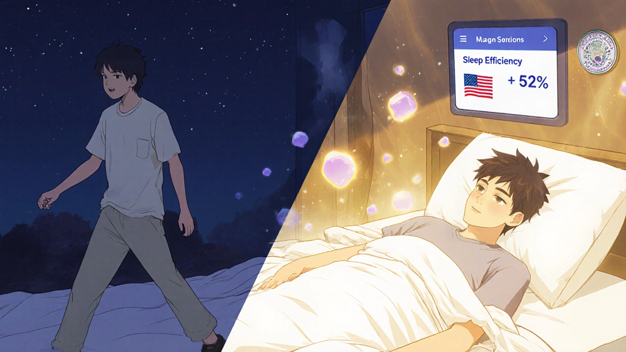 Split scene: person taking sleep med nervously vs. calmly resting at bedtime with golden light and health app displaying improved sleep stats.