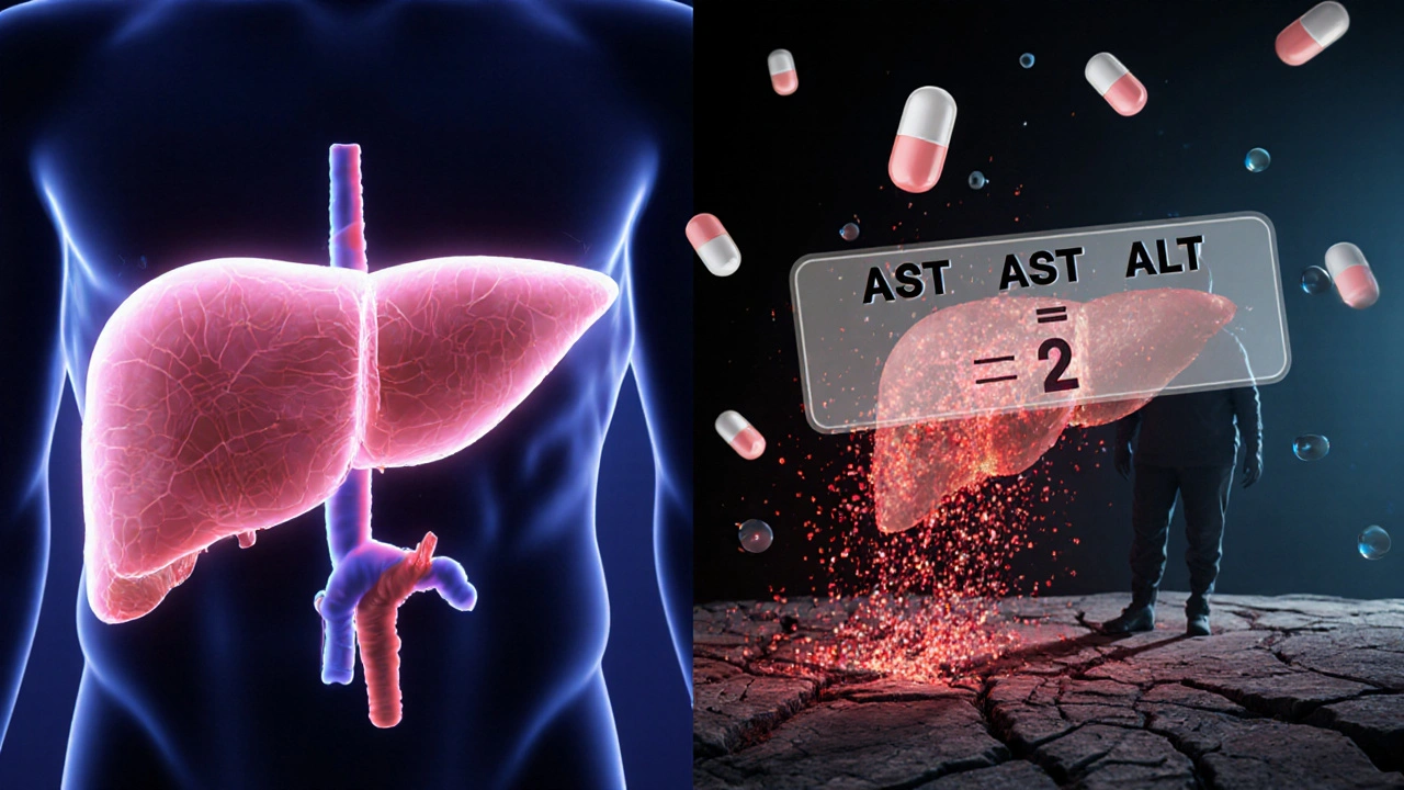 Split-screen healthy vs diseased liver with AST:ALT ratio and lifestyle symbols