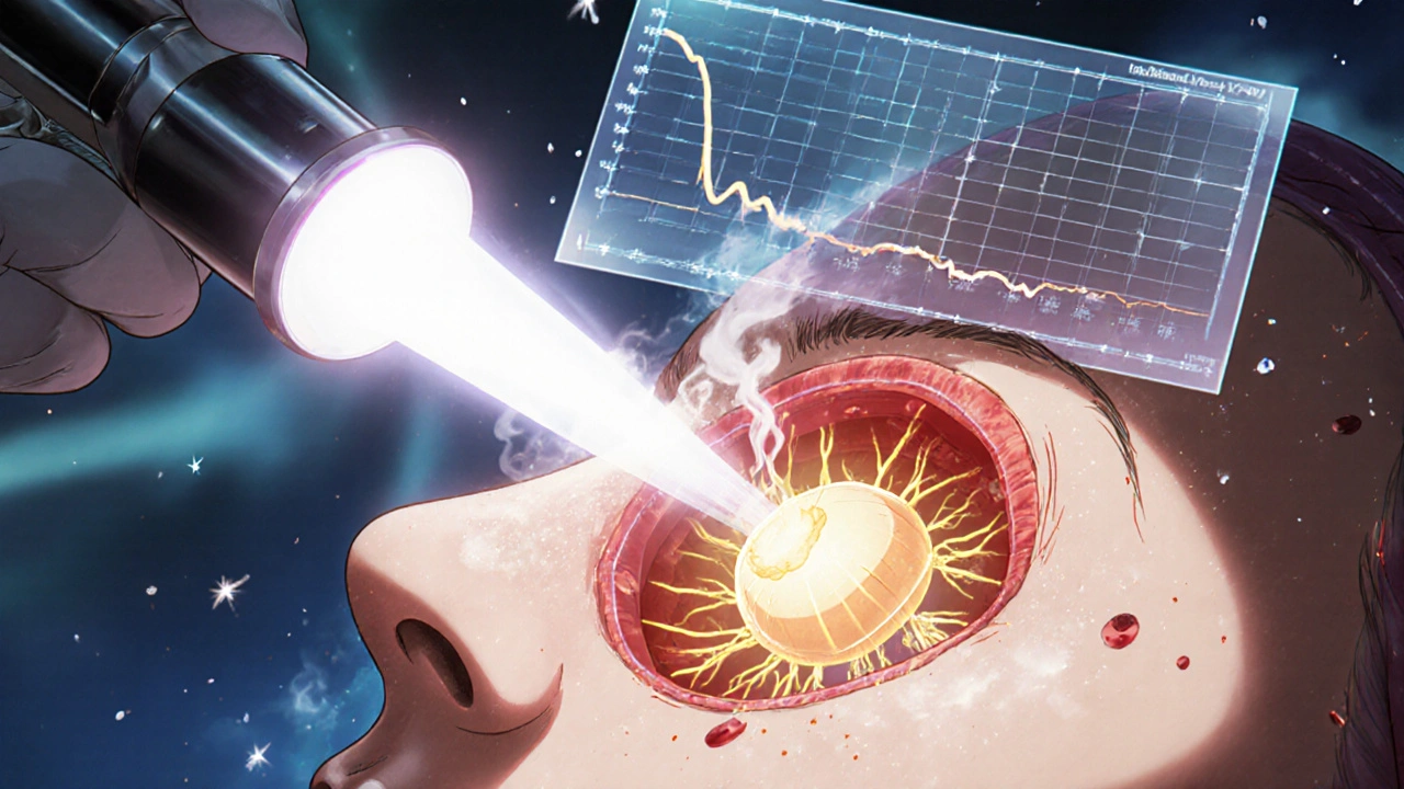 Surgeon performing nasal pituitary surgery with glowing endoscope, tumor pulsing with golden light amid holographic data.