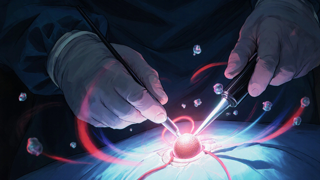 Surgeon removing a glowing adrenal tumor during laparoscopic surgery, with molecular data floating in the air.