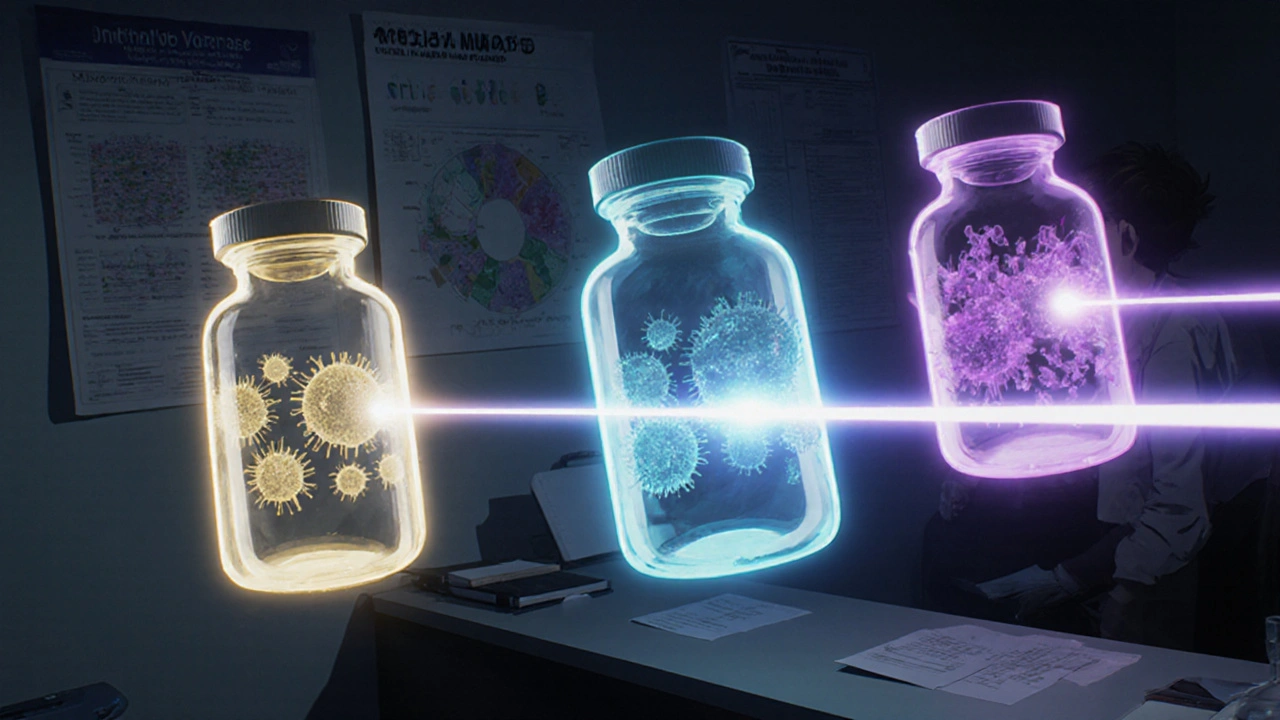 Three glowing biologic vials targeting immune cells with colored beams in a dark dermatology office.