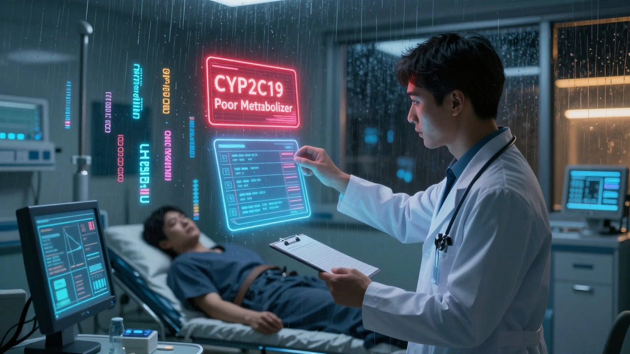 A doctor in an emergency room faces a holographic genetic warning as a patient collapses nearby.