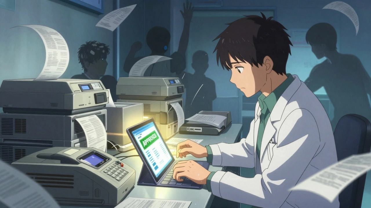 A doctor surrounded by floating fax machines and a glowing approval dashboard, papers flying in chaotic motion.