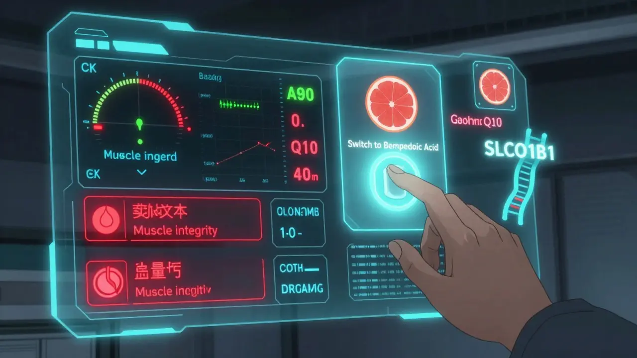 A futuristic medical dashboard showing rising muscle damage alerts, with a switch to a safer non-statin drug glowing blue.