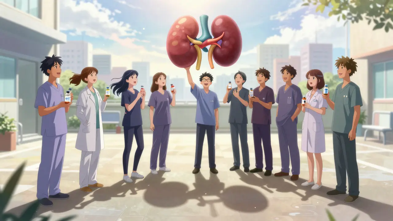 A group of transplant patients stand together in a courtyard, their shadows forming a healthy kidney shape.