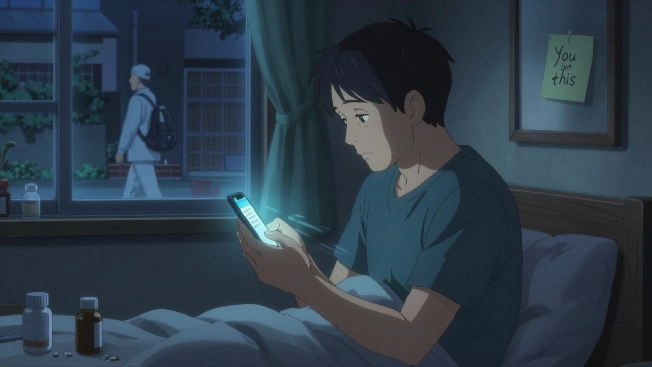 A man receives a supportive text on his phone at night, with a community health worker walking away outside.