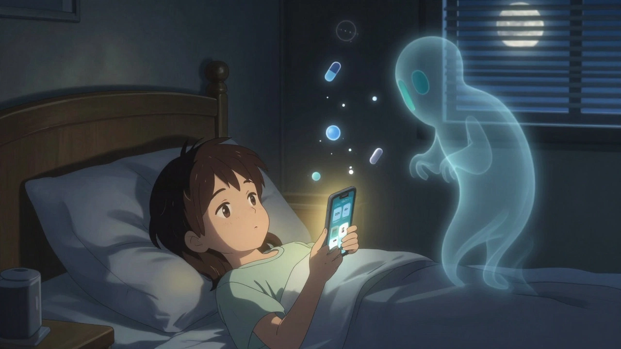 A patient asleep as medication alarms glow on a phone, zinc and antibiotic molecules drifting apart.