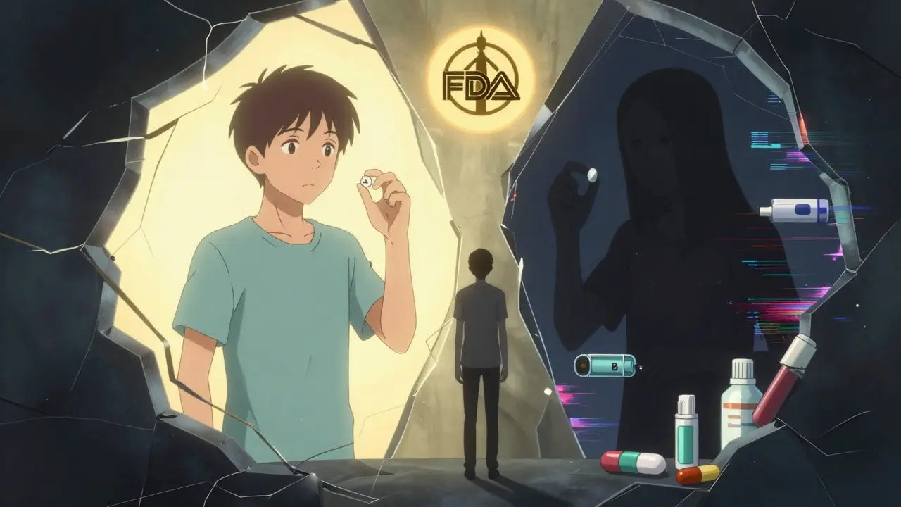 A patient at a dimensional crossroads: one side bathed in light with an 'A' code pill, the other shadowed with 'B' code complex drugs.