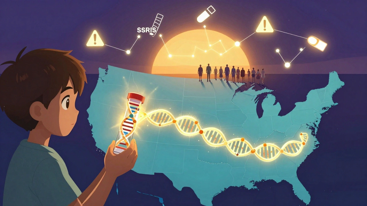 A patient holds a DNA vial that becomes a glowing gene bridge across a map of the U.S., symbolizing accessible testing.