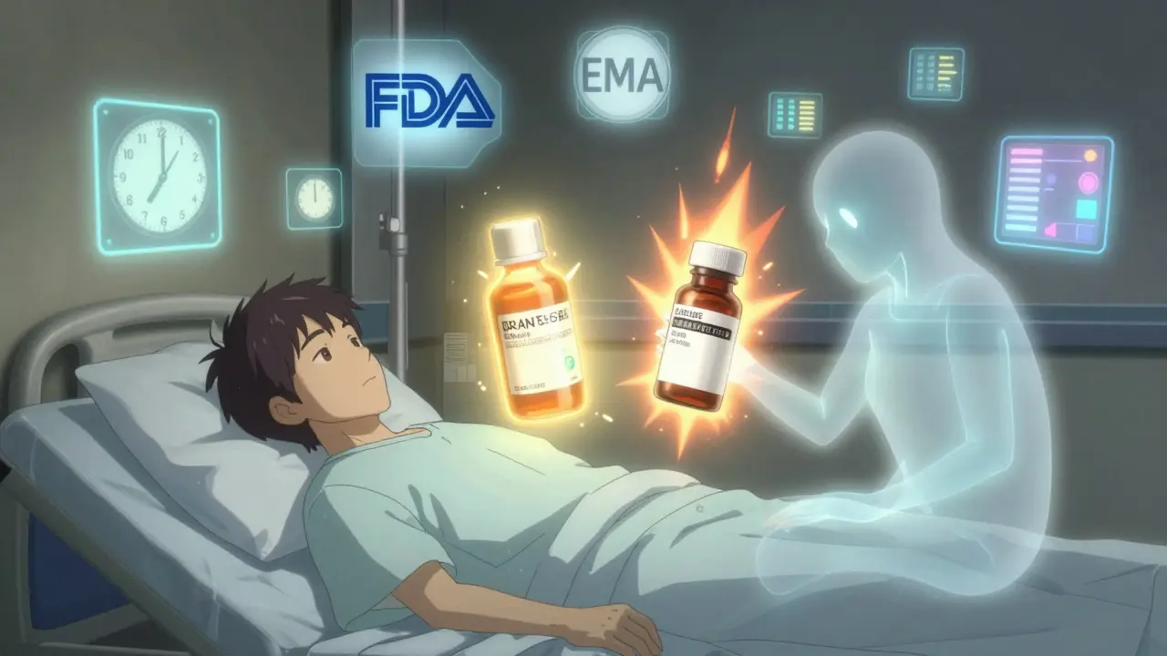 A patient surrounded by ghostly representations of brand and generic drugs, one steady, the other erratic.