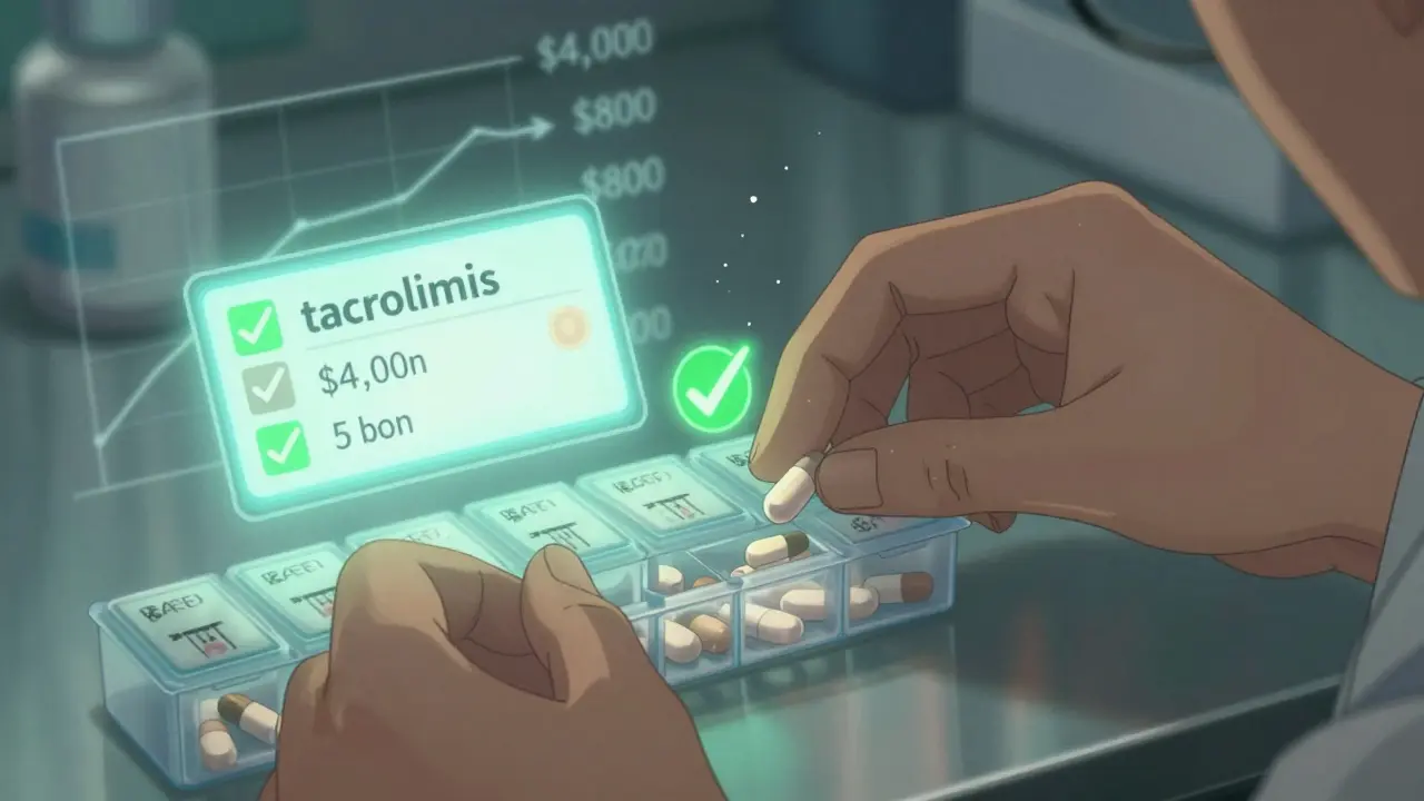 A pharmacist fills a pill organizer with generic tacrolimus while a blood test readout glows nearby.