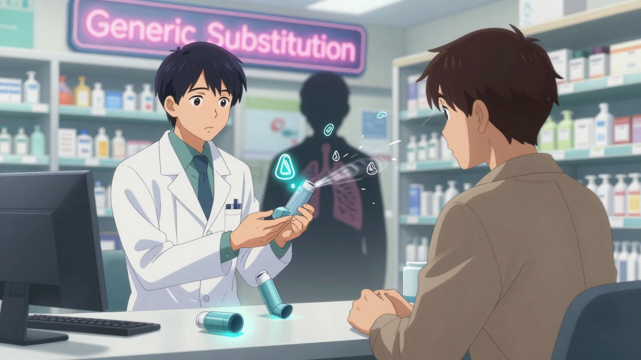 A pharmacist hands a new inhaler to a confused patient, with distorted air and floating incorrect breathing icons around it.