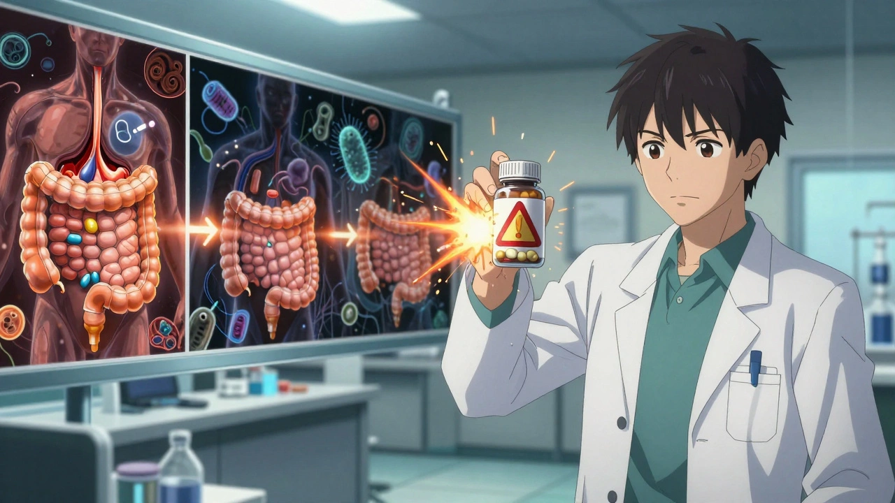 A pharmacist holding a multivitamin with a warning symbol, gut anatomy timeline showing absorption blockage.
