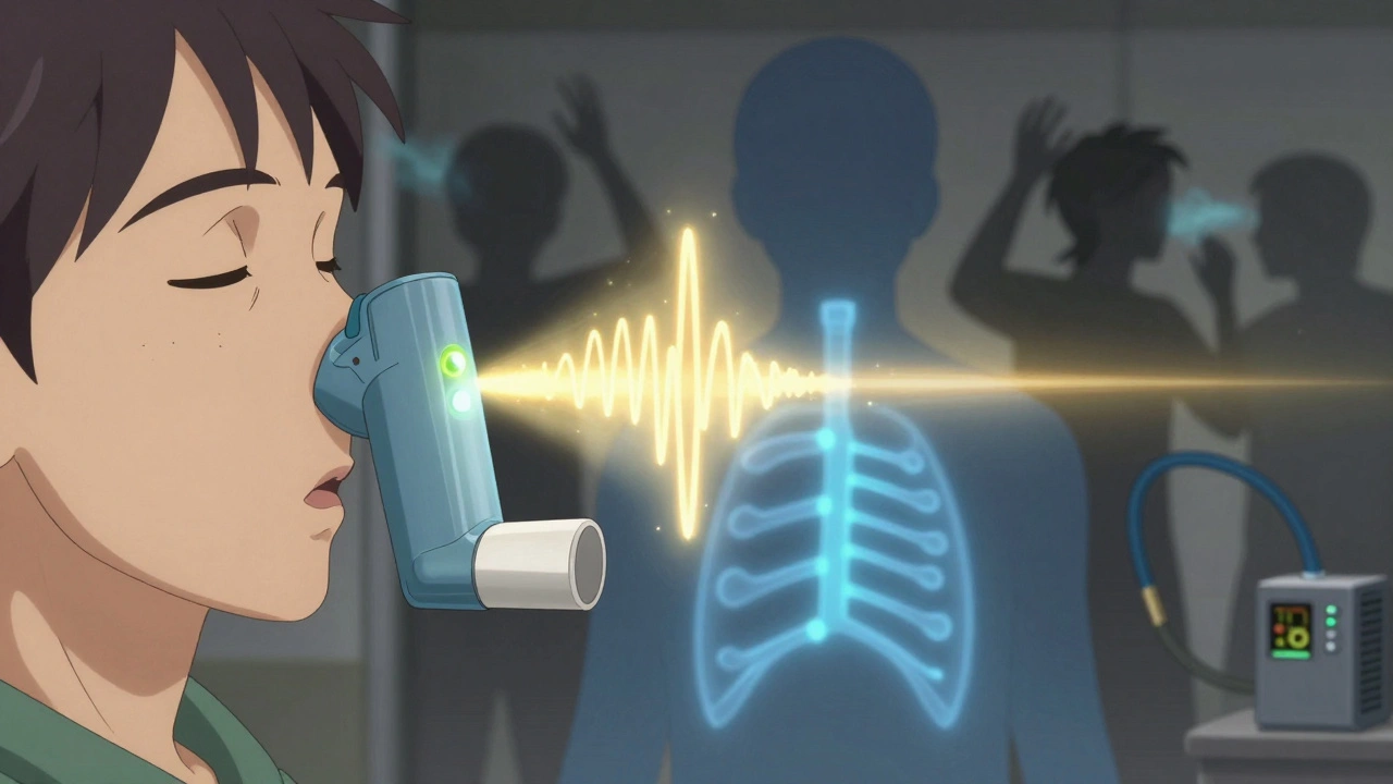 A smart inhaler projects a perfect breath waveform while healthy airways glow blue, contrasting with shadowy figures struggling with wrong devices.