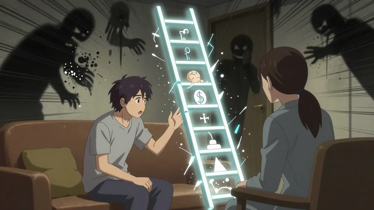 A therapy scene with a fear ladder glowing between patient and therapist, rituals dissolving in light.