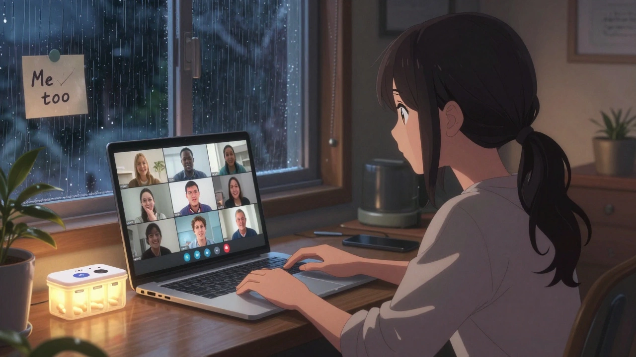 A woman joins a virtual support group on her laptop while a pill box glows beside her, rain falling outside.