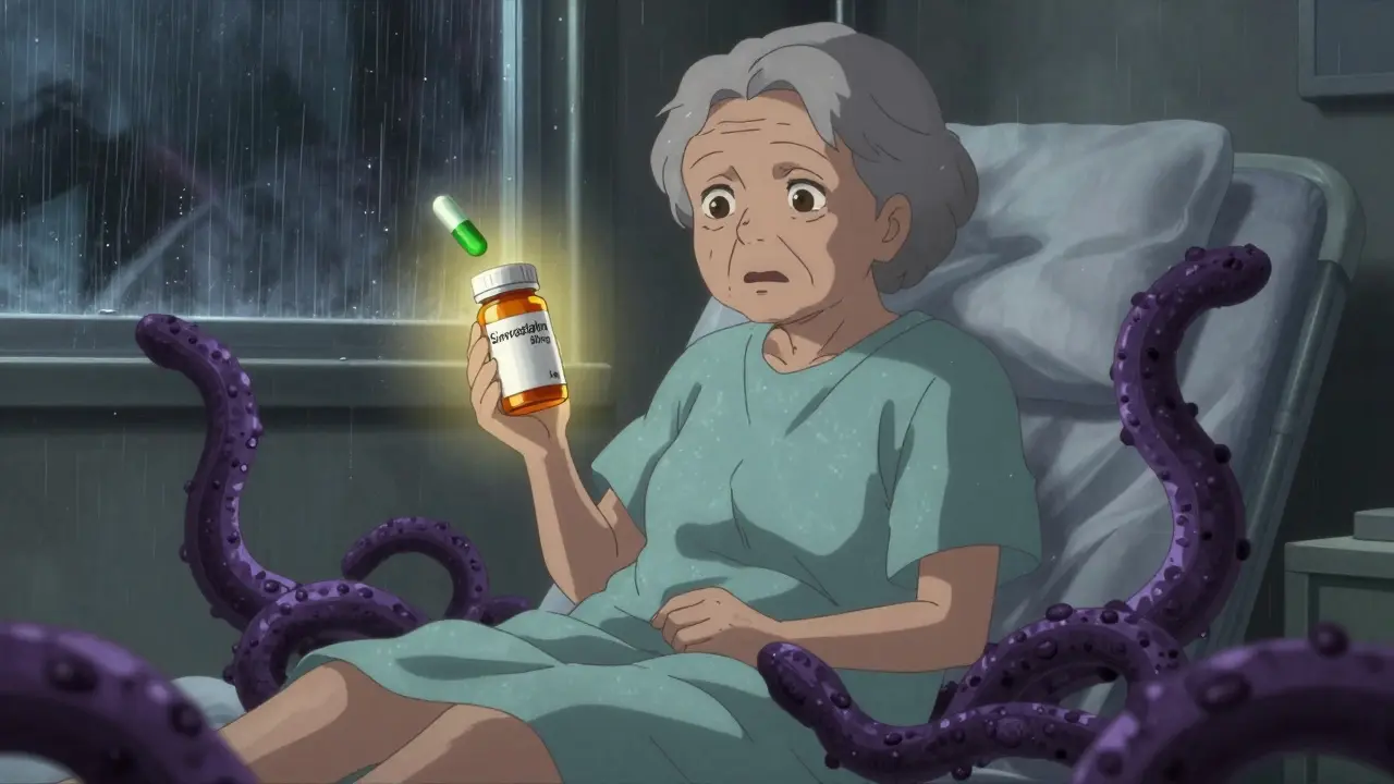 An elderly woman holding a dangerous statin pill as toxic drug interactions wrap around her, with a safe alternative glowing nearby.