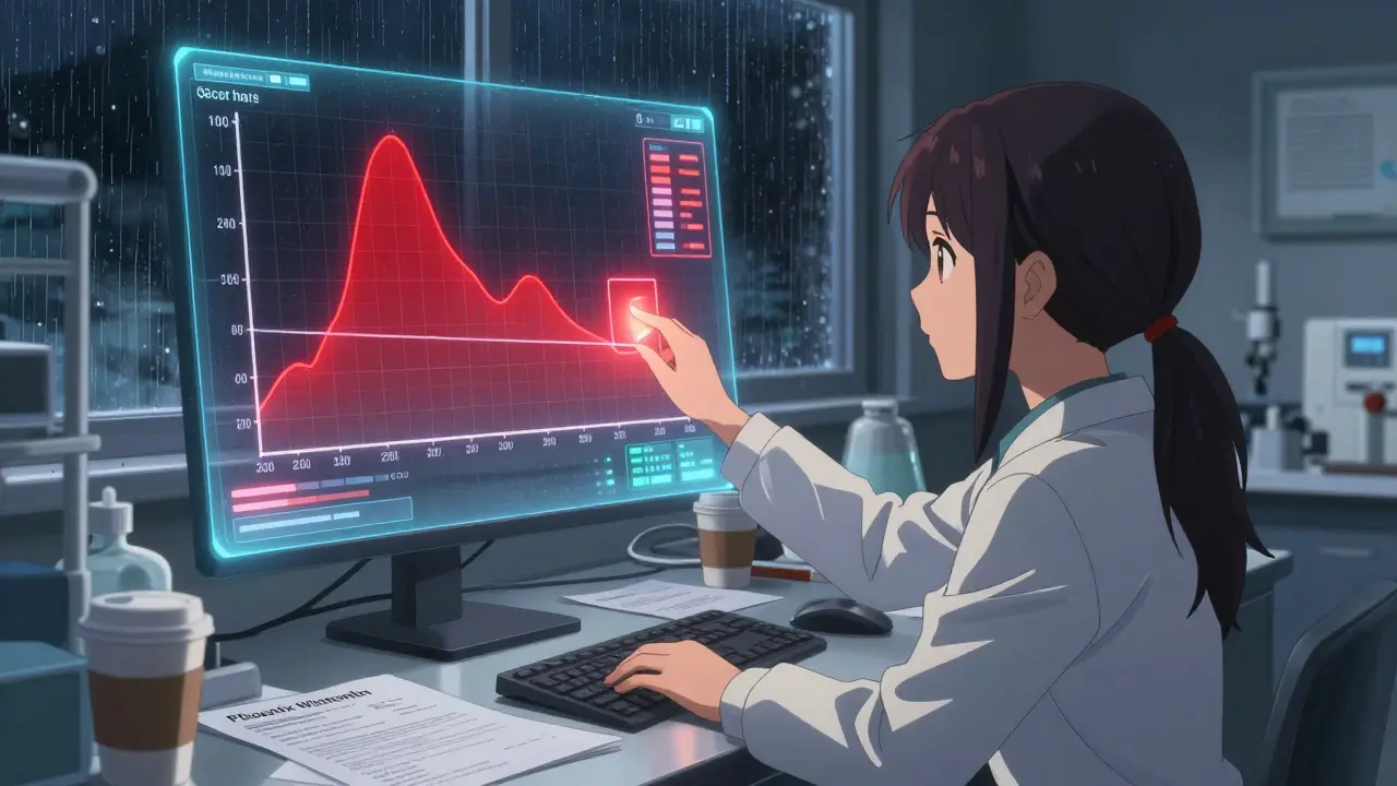 Biostatistician analyzing a holographic drug concentration curve with a highlighted partial AUC time window.