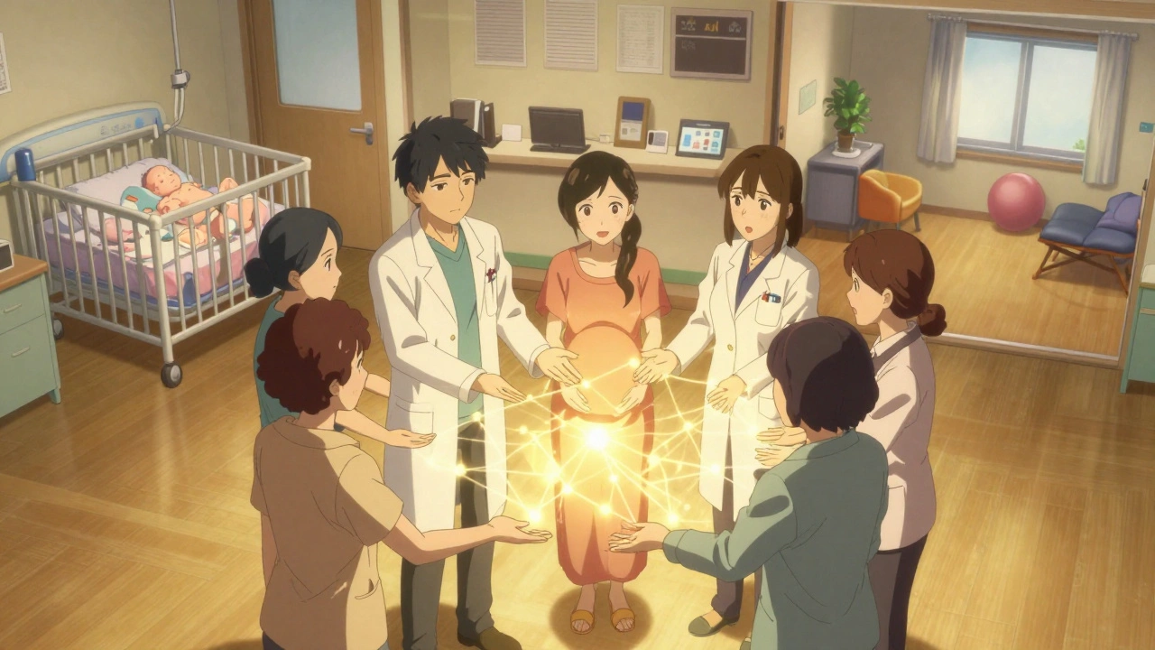 Care team forming a glowing circle around pregnant woman, with scenes of hospital, housing, and therapy behind them.