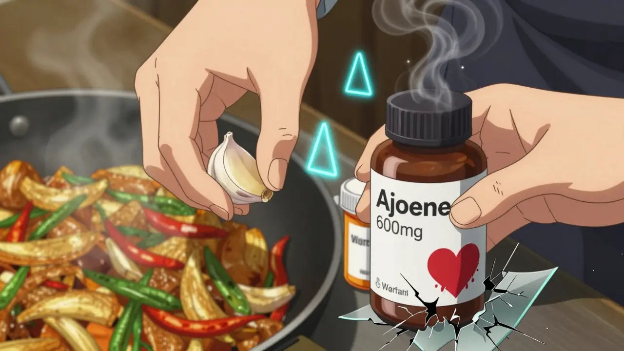 Contrasting hands: one holding fresh garlic in a pan, the other gripping a garlic supplement bottle next to warfarin pills.