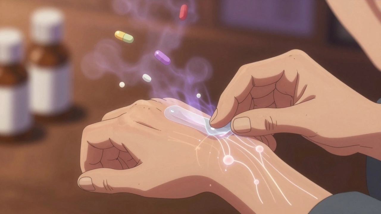 Elderly person applying pain-relief gel with glowing therapeutic ingredients entering their skin.