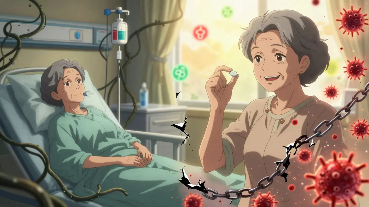 Elderly woman freed from antibiotic chains, holding amoxicillin as harmful bacteria dissolve.