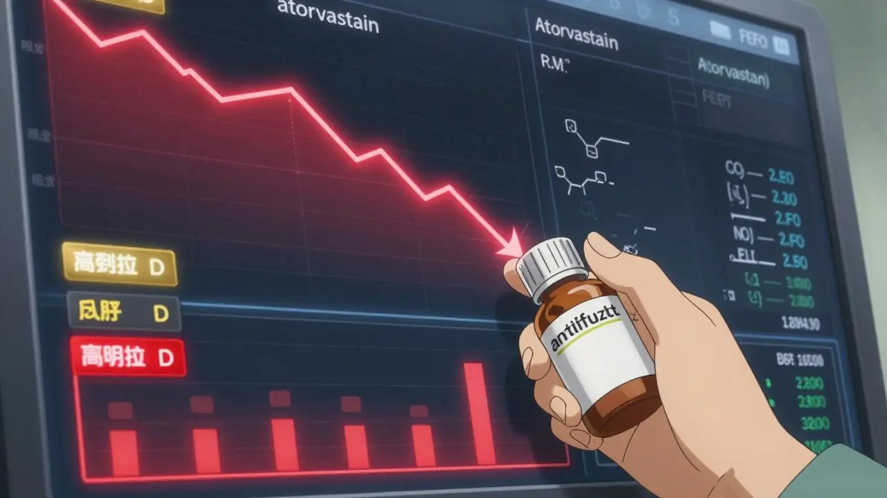 Expiring medication being replaced with fresh stock, expiry alerts glowing on a digital pharmacy dashboard.