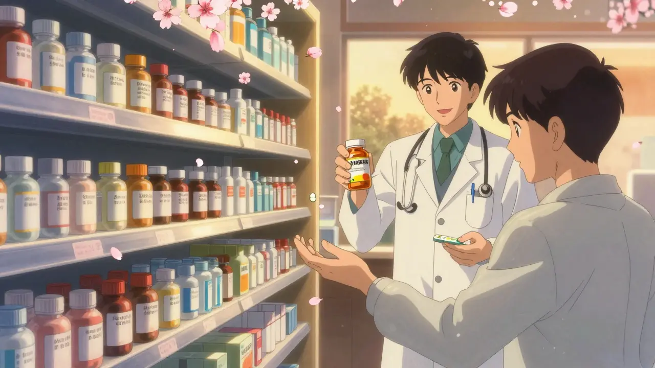 Generic pills falling like cherry blossoms in a warm pharmacy, contrasting past and present drug costs in a serene twilight scene.